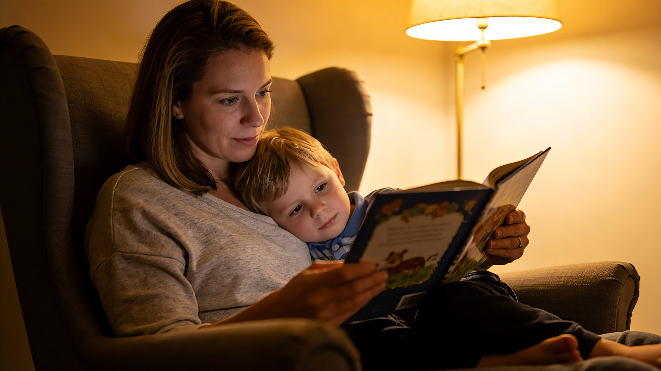 parent reading bedtime story to child before sleep
