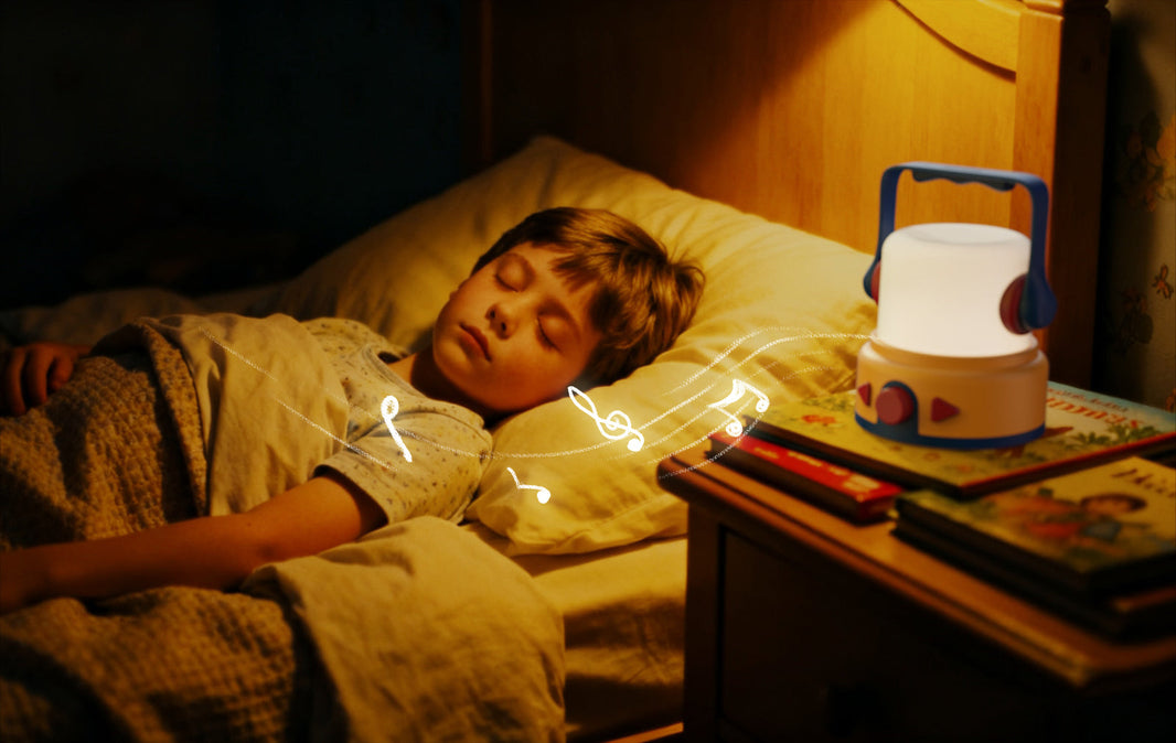 Child enjoying high-quality audio from CBPlay kids' night light and story player