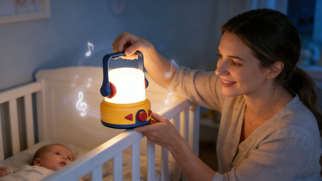 Baby sleeping peacefully with CBPlay lantern creating familiar sounds for better sleep