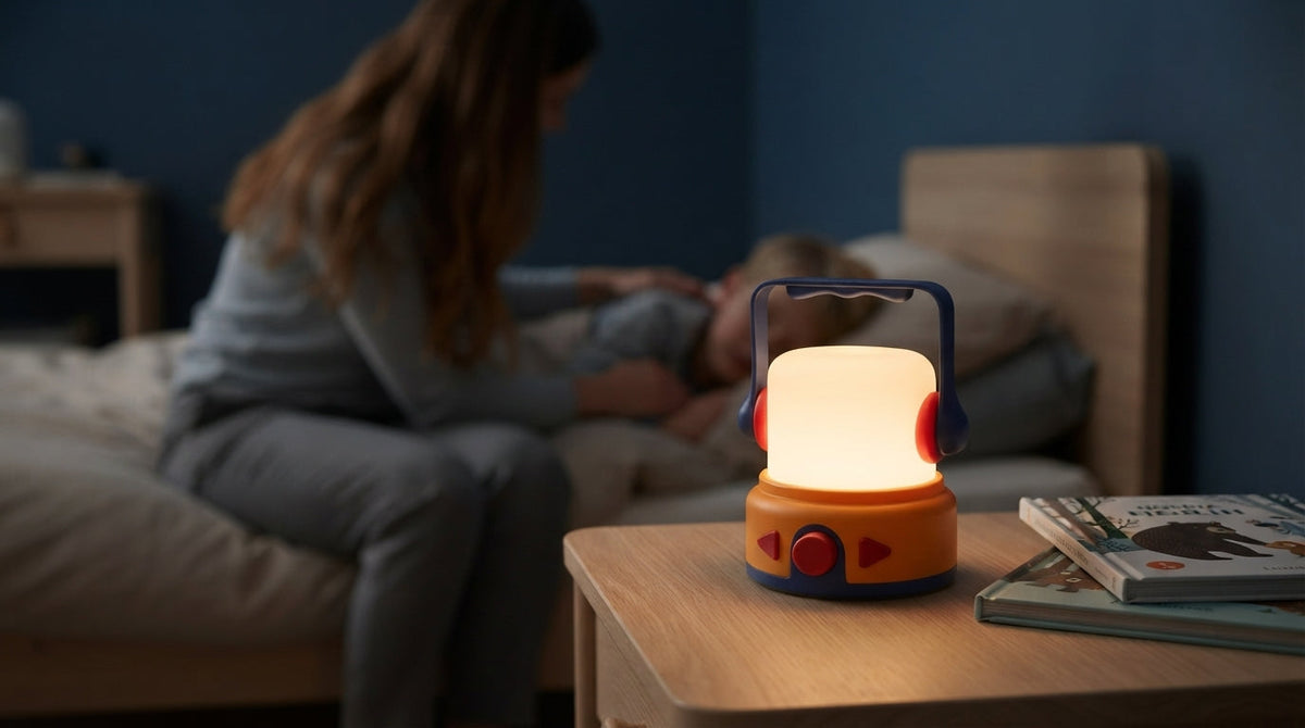 Glowing CBPlay Mini Lantern beside books, with a parent reading to a child in the background