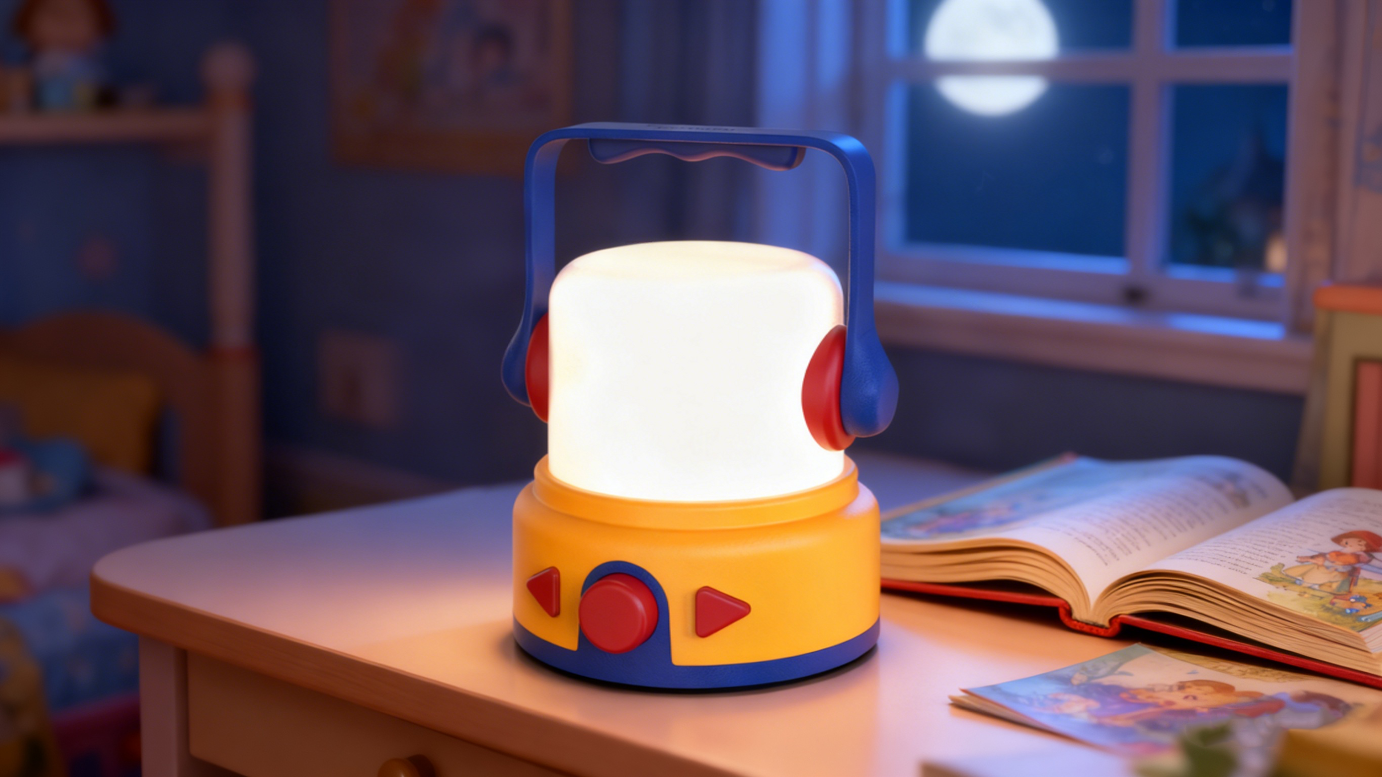 CBPlay Mini Lantern sitting on a desk with warm ambient lighting, illustrating the product's bedtime story origins