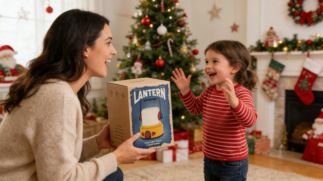 Mom giving her baby a CBPlay mini lantern on Christmas morning