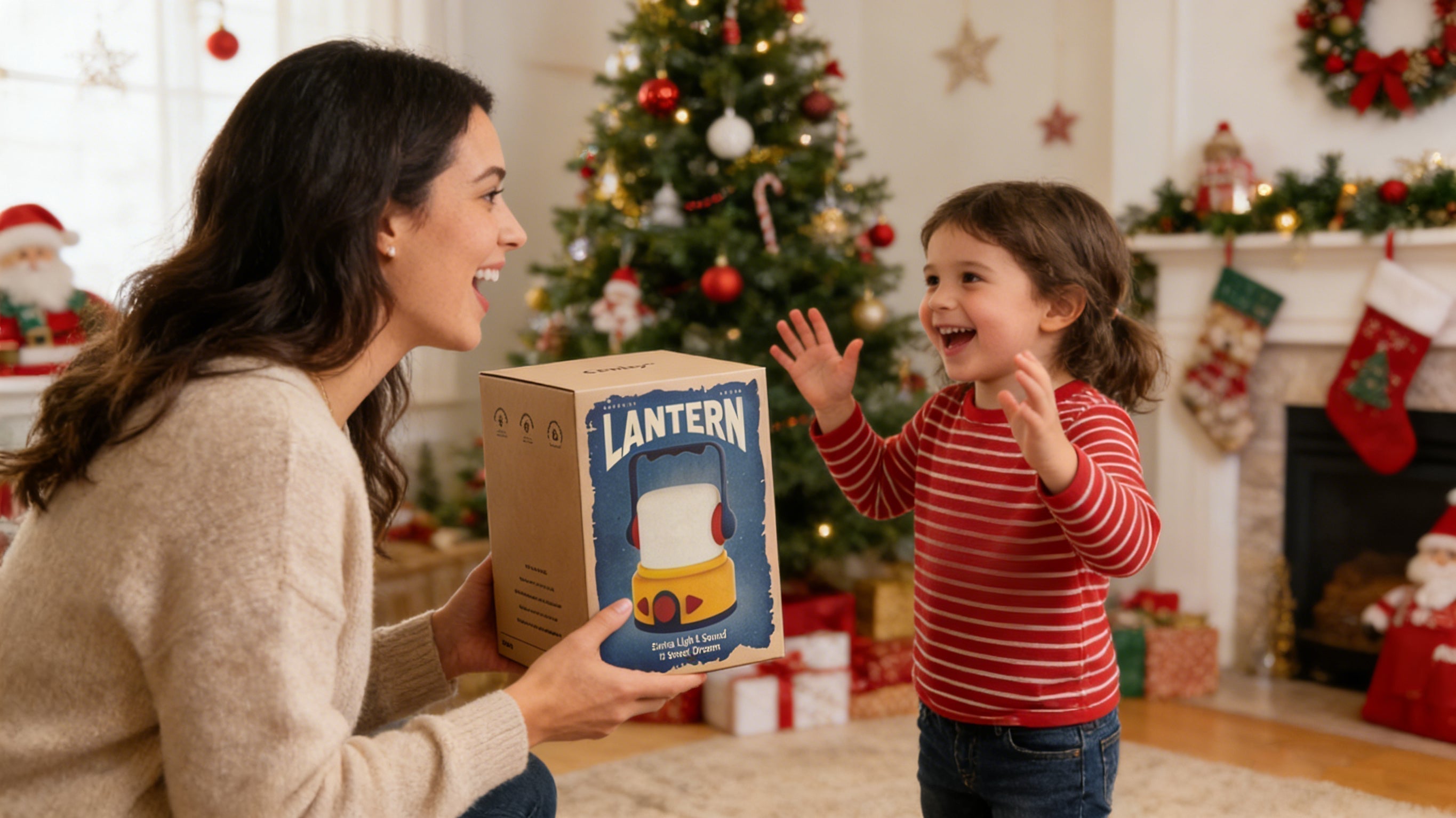 Mom giving her baby a CBPlay mini lantern on Christmas morning
