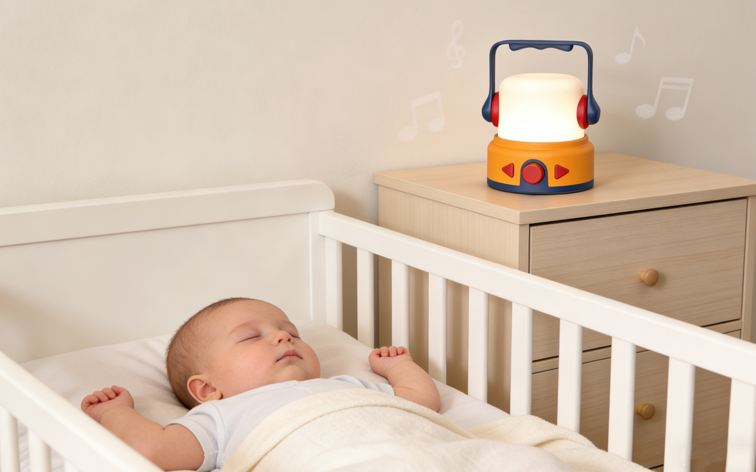 Close-up of a mini starry night lantern projecting lights next to a crib where a baby is peacefully sleeping, highlighting the soft glow in the nursery
