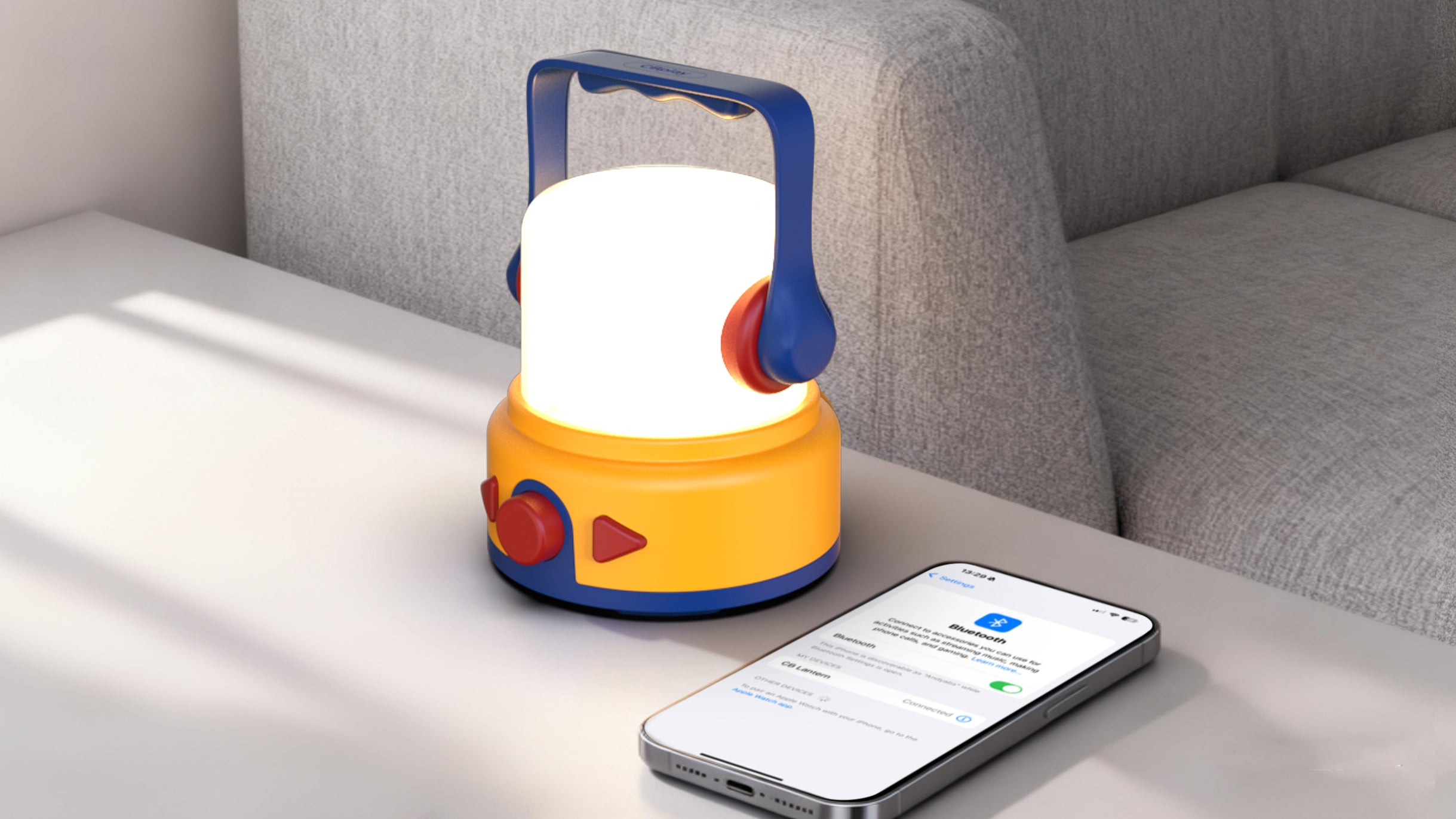 CB Lantern next to a mobile phone demonstrating Bluetooth pairing