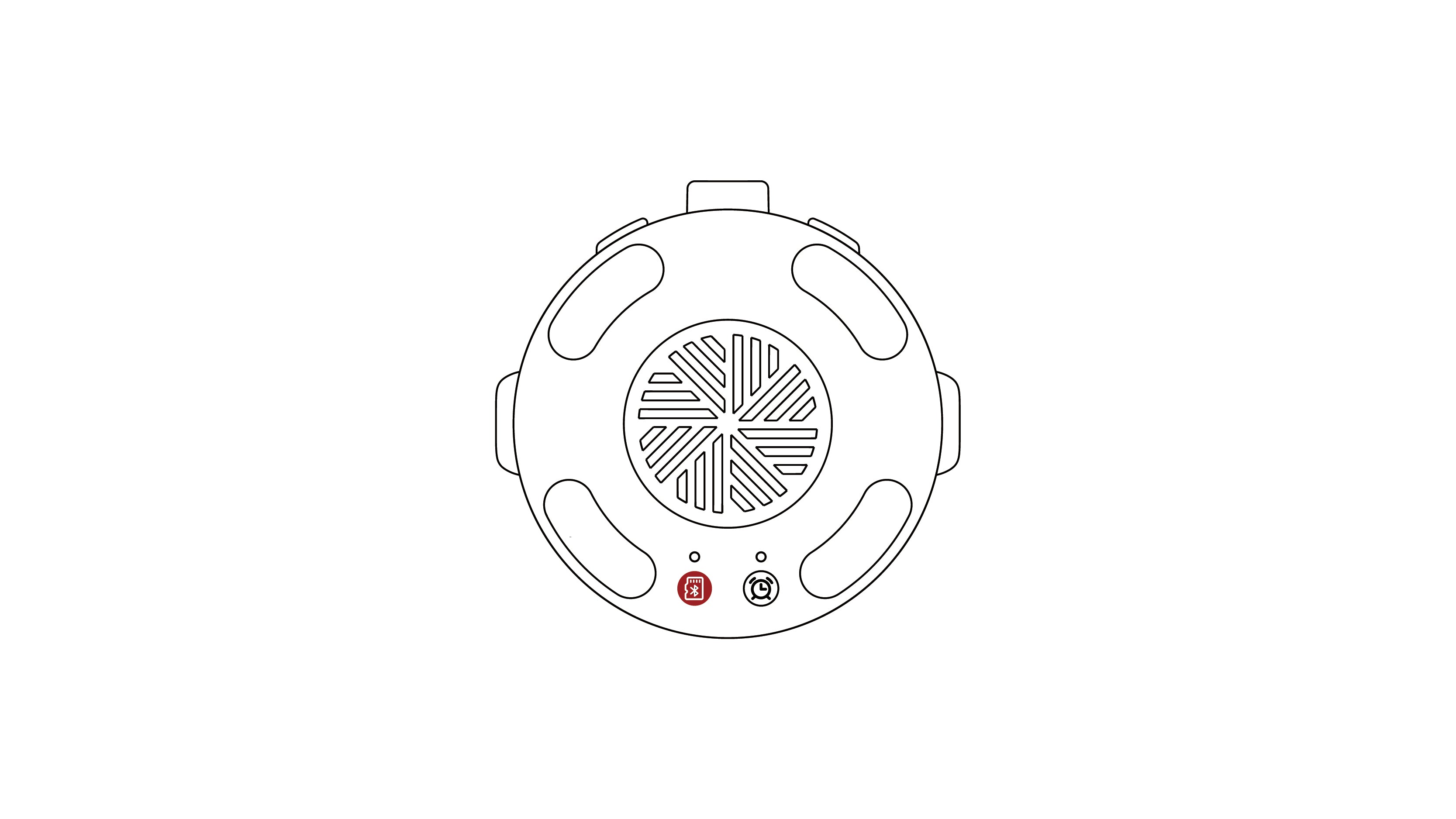 Line drawing of the CBPlay mini lantern showing the mode button used to switch between pre-loaded sounds, bedtime stories, and Bluetooth pairing