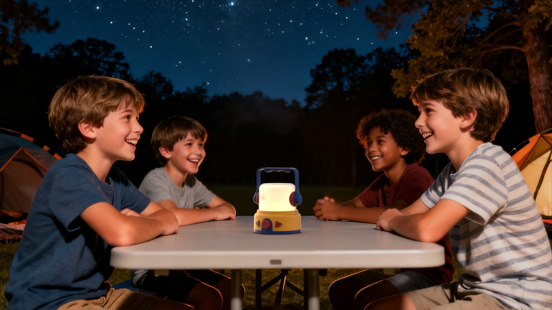 Four boys sitting around a table at night with a lantern, surrounded by trees and under a starry sky