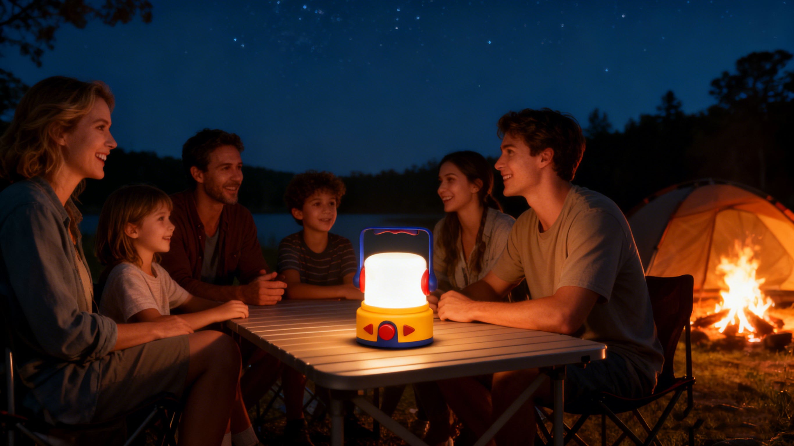 Four boys sitting around a table at night with a lantern, surrounded by trees and under a starry sky