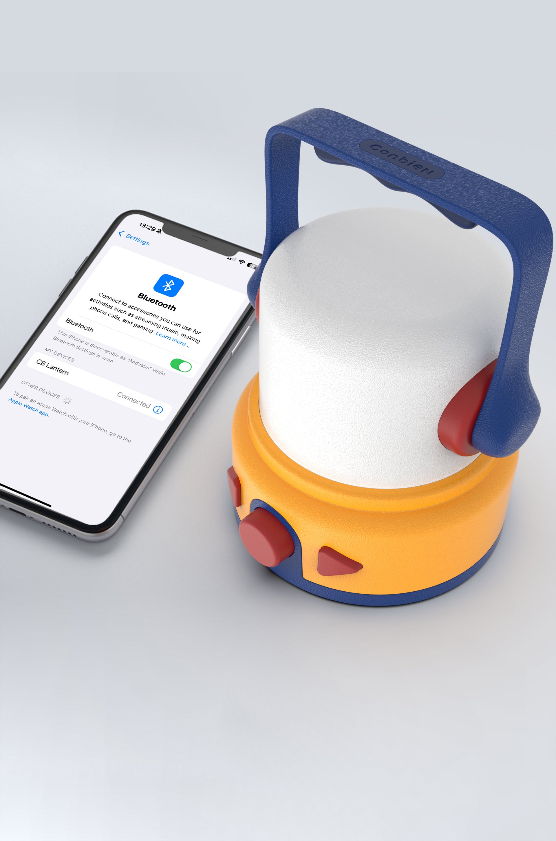 A mobile phone paired with a CB Lantern