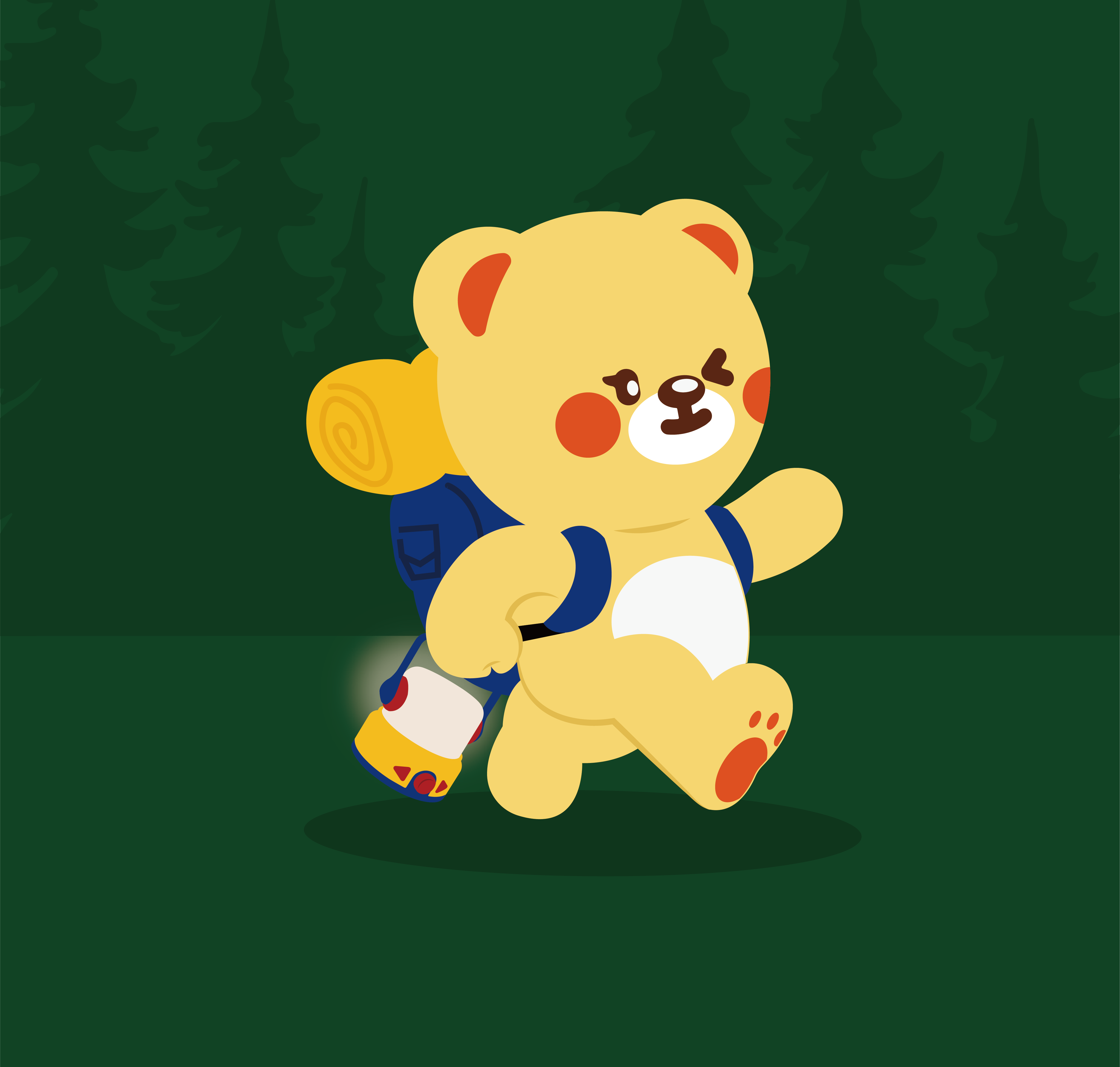 Beedie the bear, ready for adventure, carries her backpack and CBPlay Mini Adventure Lantern on a cheerful camping trip