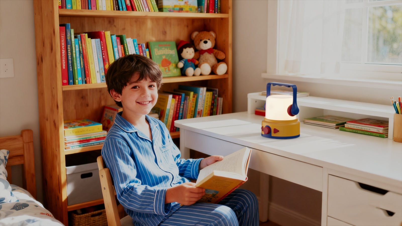 A young boy in cozy pajamas sits thoughtfully at a table in his room, with a miniature lantern casting a warm glow