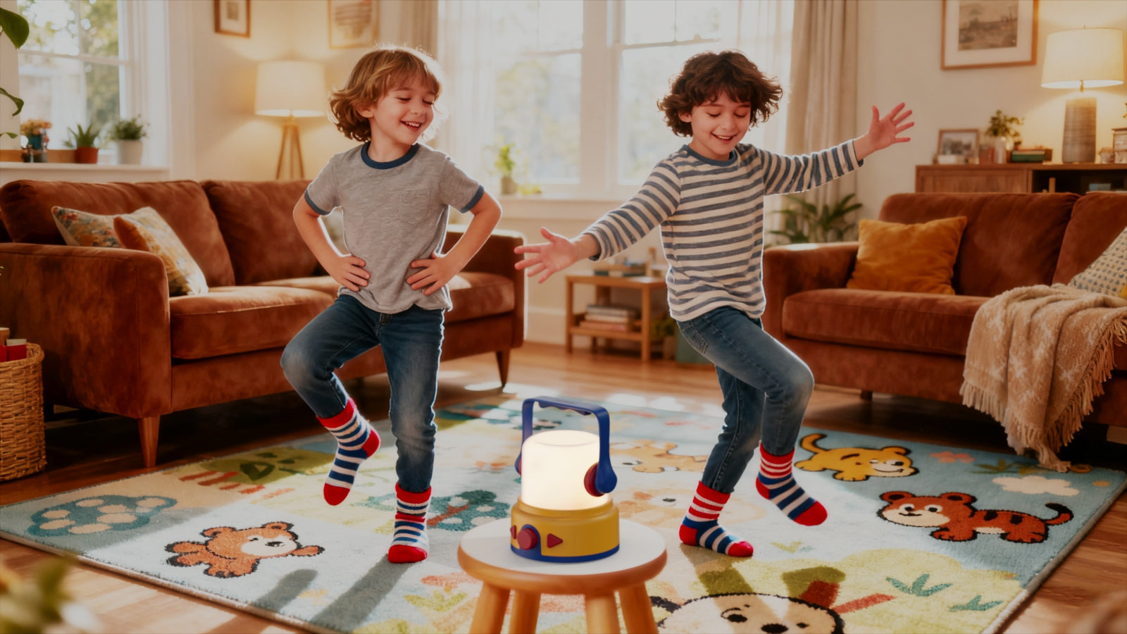 Two joyful boys dance on a living room carpet, streaming audio through a CBPlay mini lantern via Bluetooth