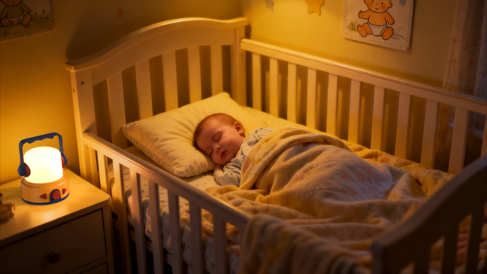 The CB lantern sitting beside a mini crib,providing soothing melodies and a warm glow to the nursery