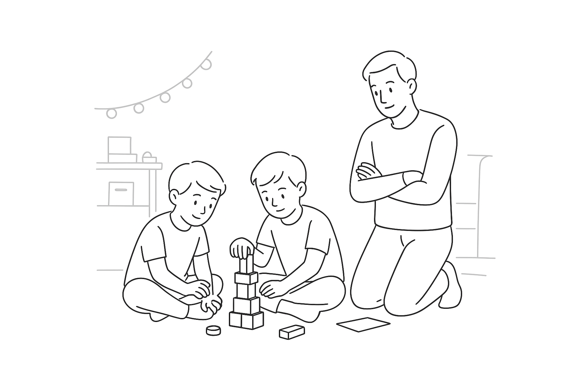 Line-art illustration of a father and two boys testing their homemade mini lantern prototype in the backyard at dusk, with one boy holding the glowing lantern while the father and brother examine its brightness
