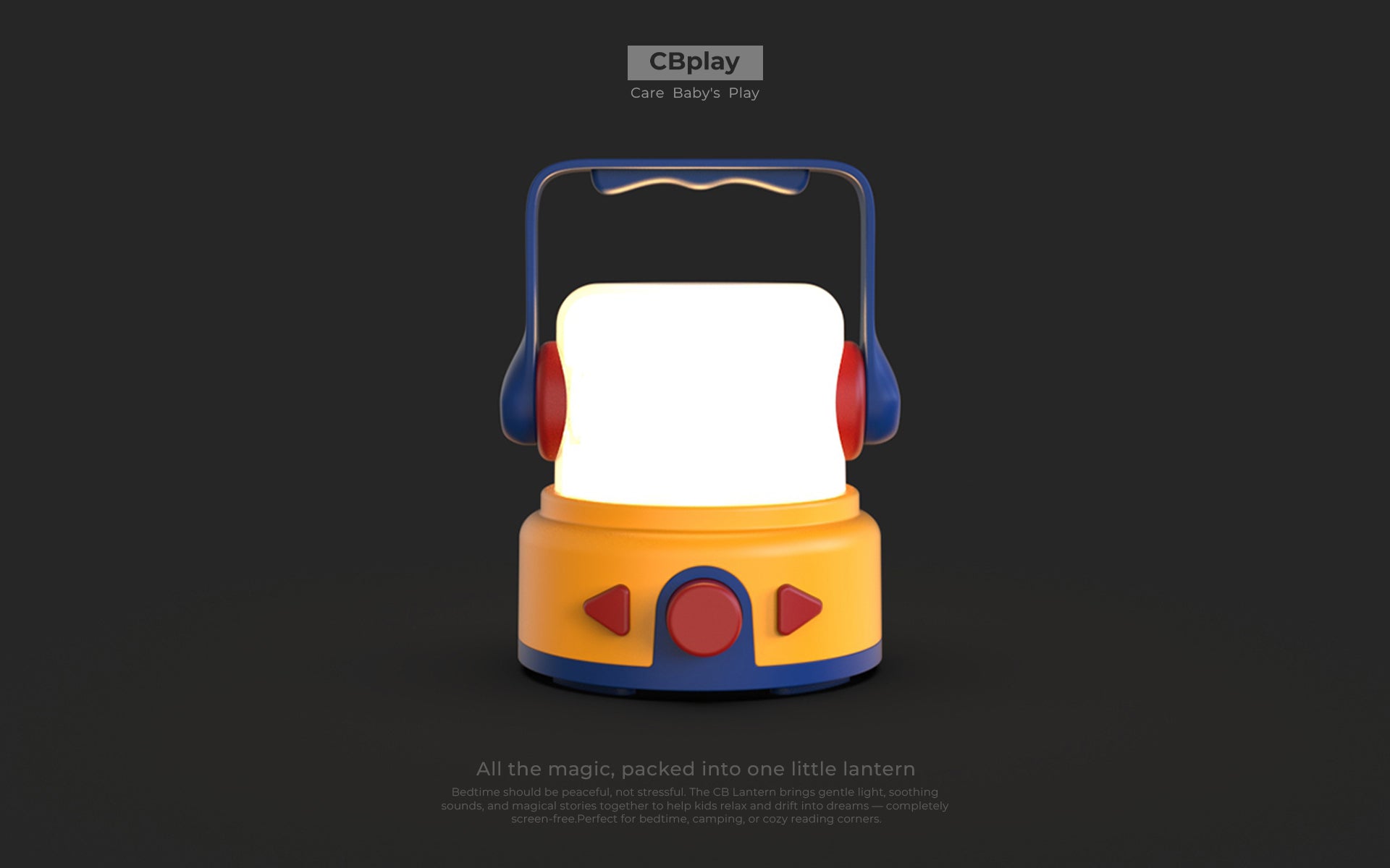 Front view of the CBPlay Mini Adventure Lantern, highlighting the intuitive button layout for kids: a large circular Main Button in the center, with two triangular-shaped buttons on either side