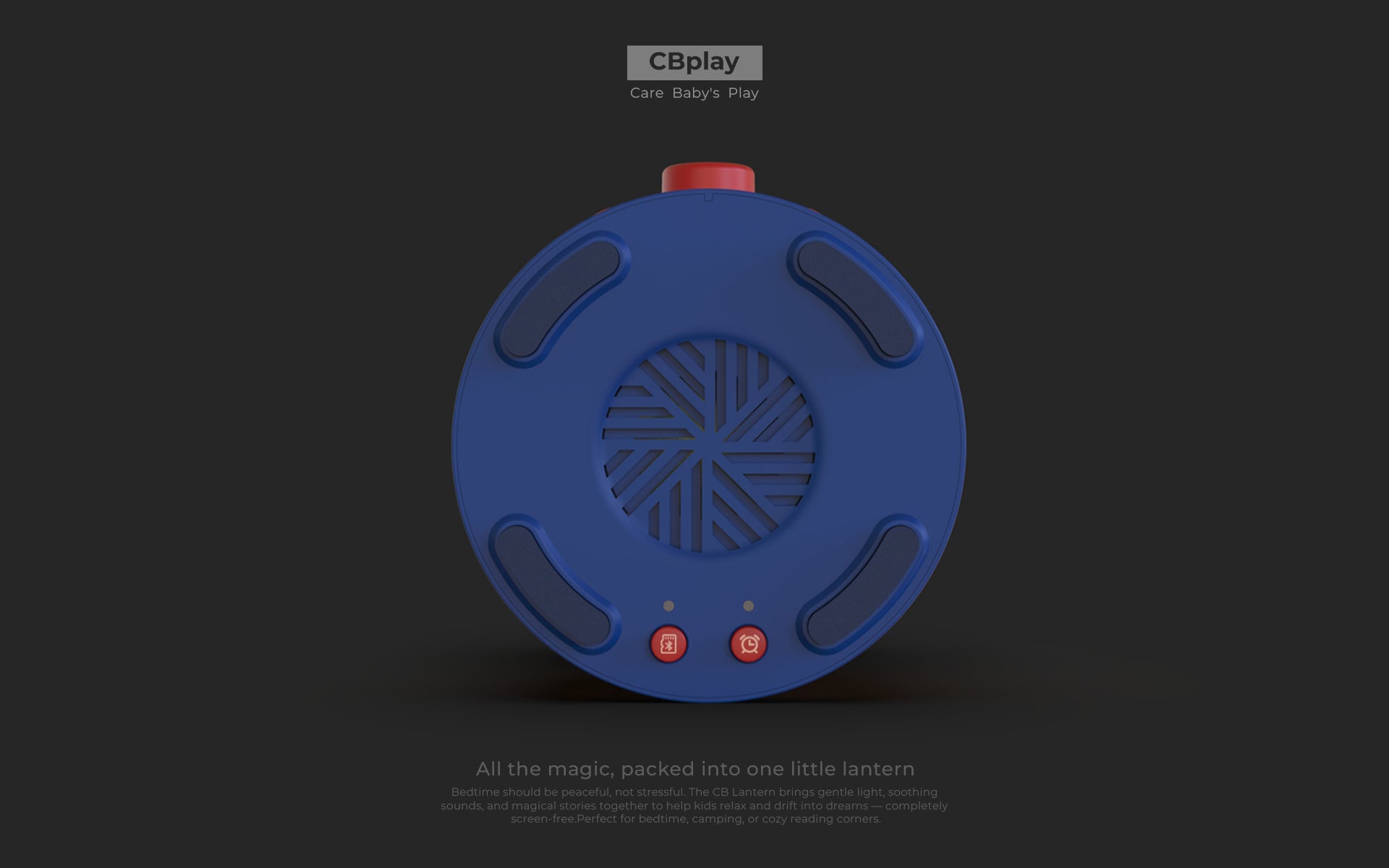 Close-up bottom view of the CB mini lantern, clearly showing the timer button and mode selection button for Bluetooth, pre-loaded stories, and soothing sounds