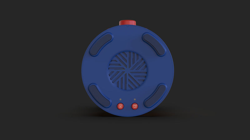 Close-up bottom view of the CB mini lantern, clearly showing the timer button and mode selection button for Bluetooth, pre-loaded stories, and soothing sounds