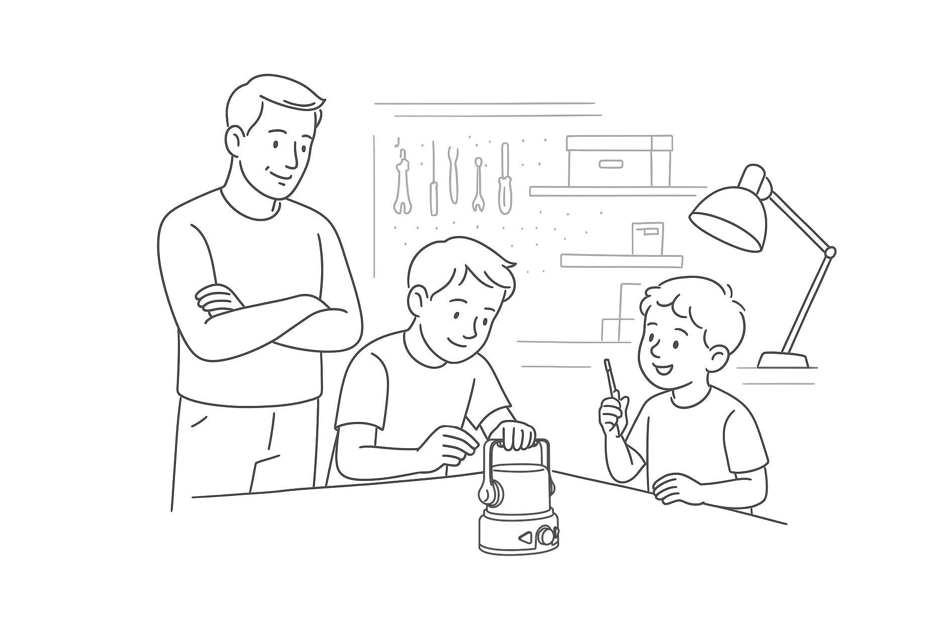 Line-art drawing of a father and two boys testing a glowing mini lantern prototype in their backyard at dusk, with the children observing the light while the father examines the device