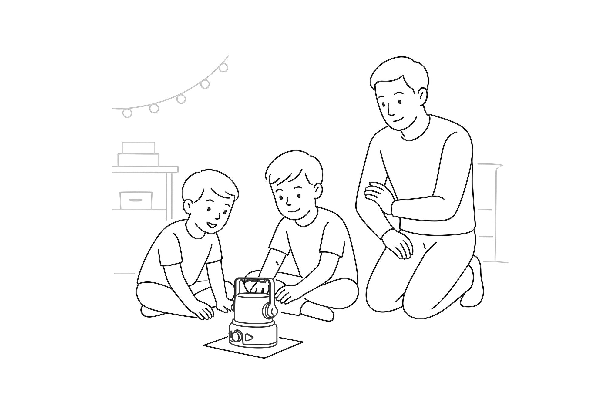 Line-art illustration showing a father and two boys in the backyard at dusk, testing a glowing mini lantern prototype together as part of the CBPlay creation story