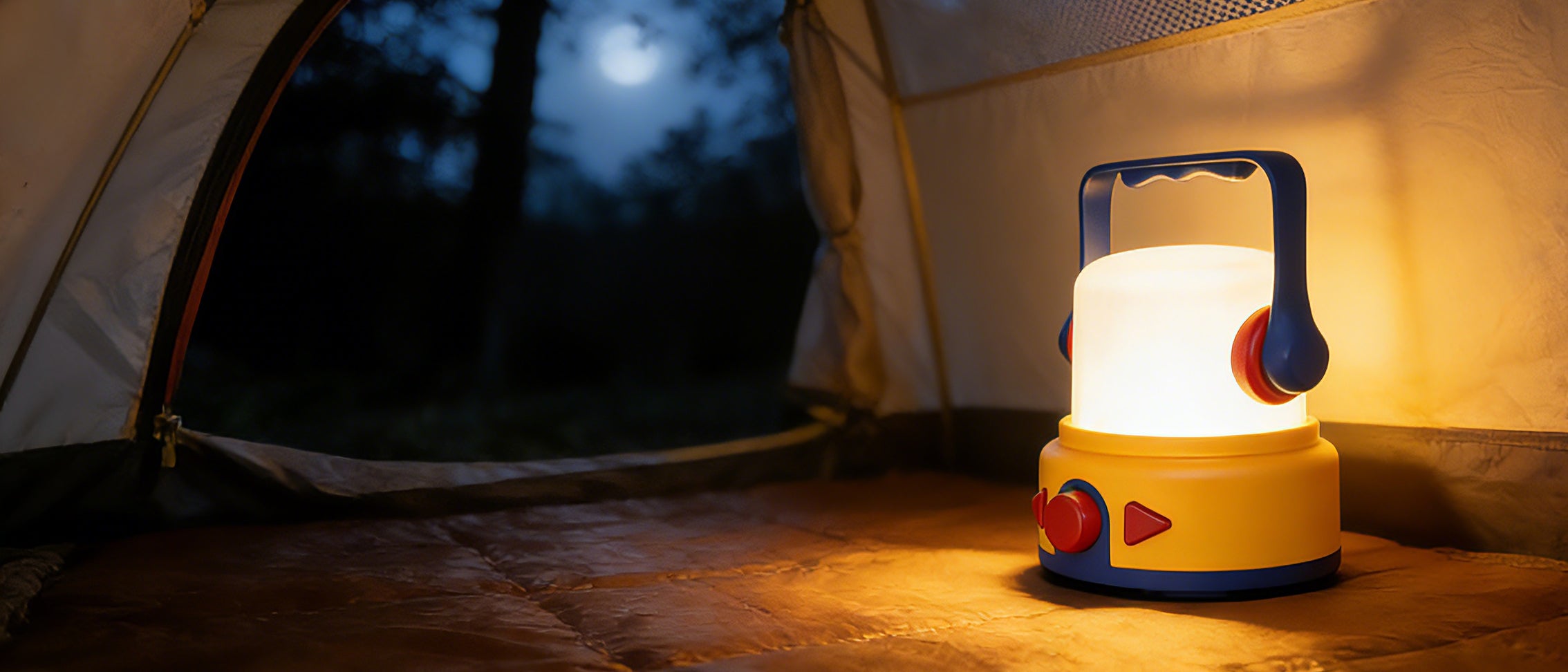Compact and versatile: The CBPay 4-in-1 lantern is the ideal mini lantern for camping, creating a cozy glow inside a tent against a dark forest background
