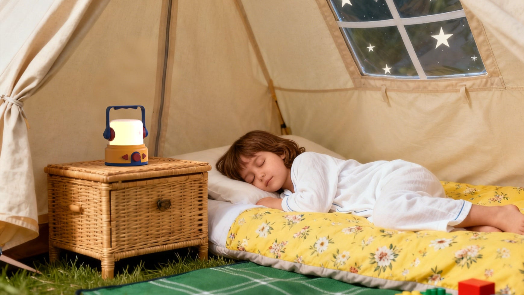 A young child taking a nap inside a cozy indoor tent, with a lantern providing gentle light