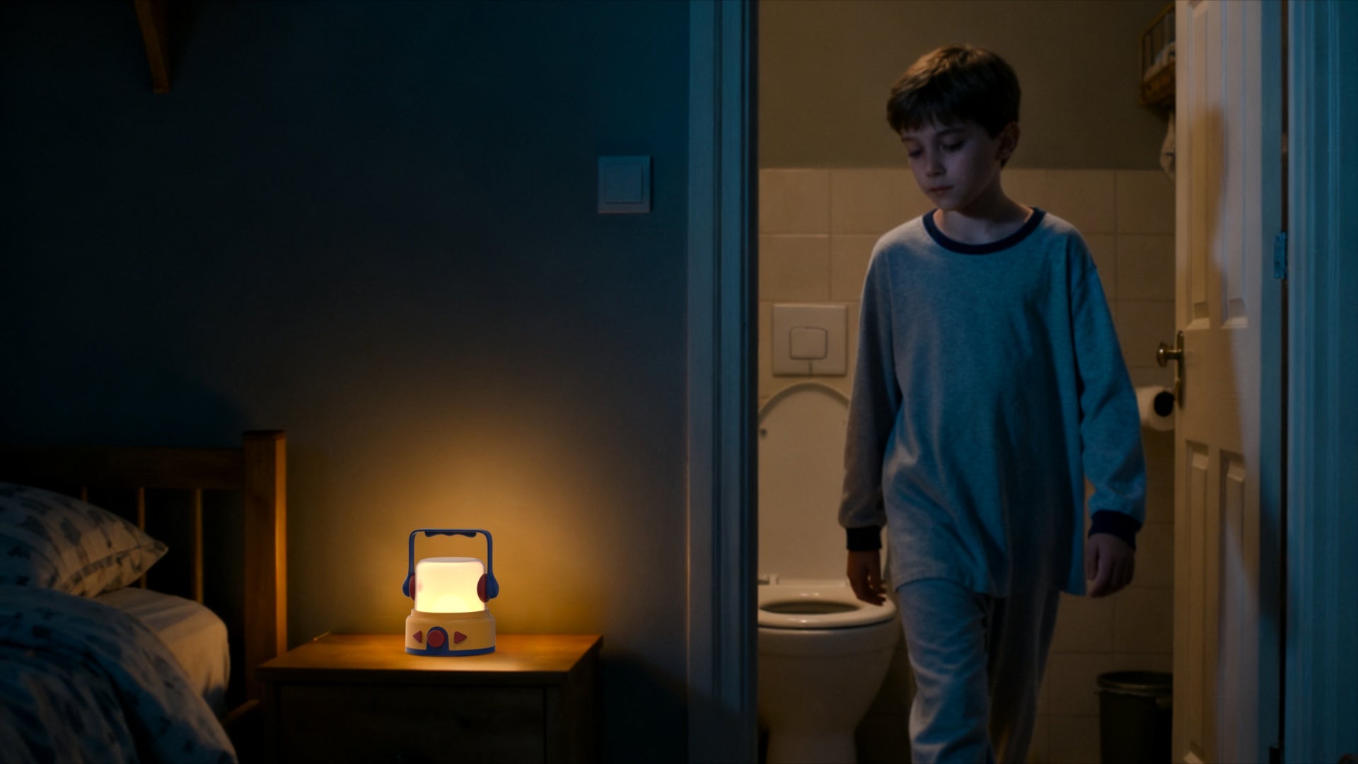 A child using the bathroom at night with the help of a night light lantern on the nightstand