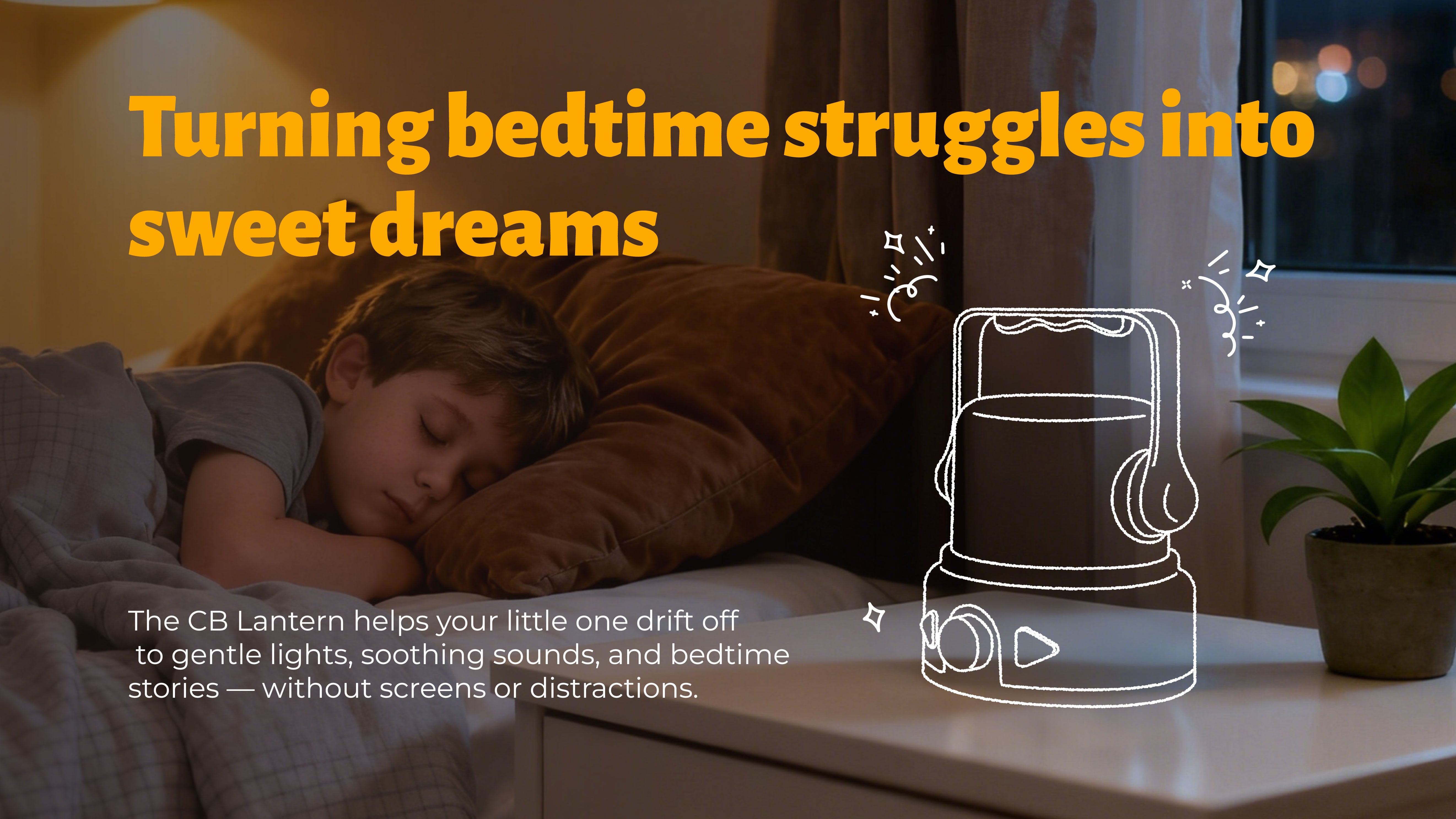 A child sleeping peacefully in bed with a CB Lantern on the nightstand