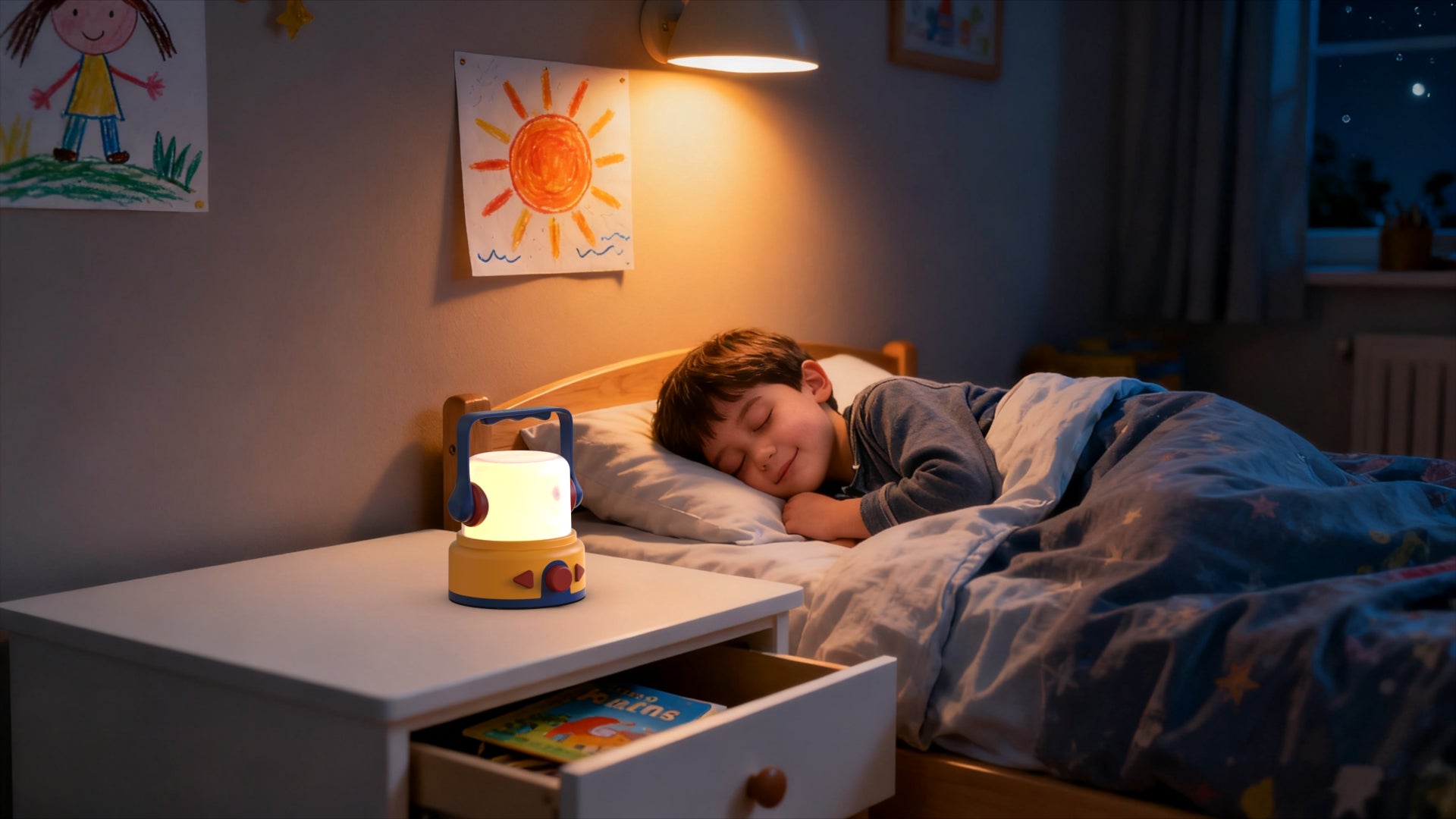 Child sleeping in bed with a night light lantern on a nightstand