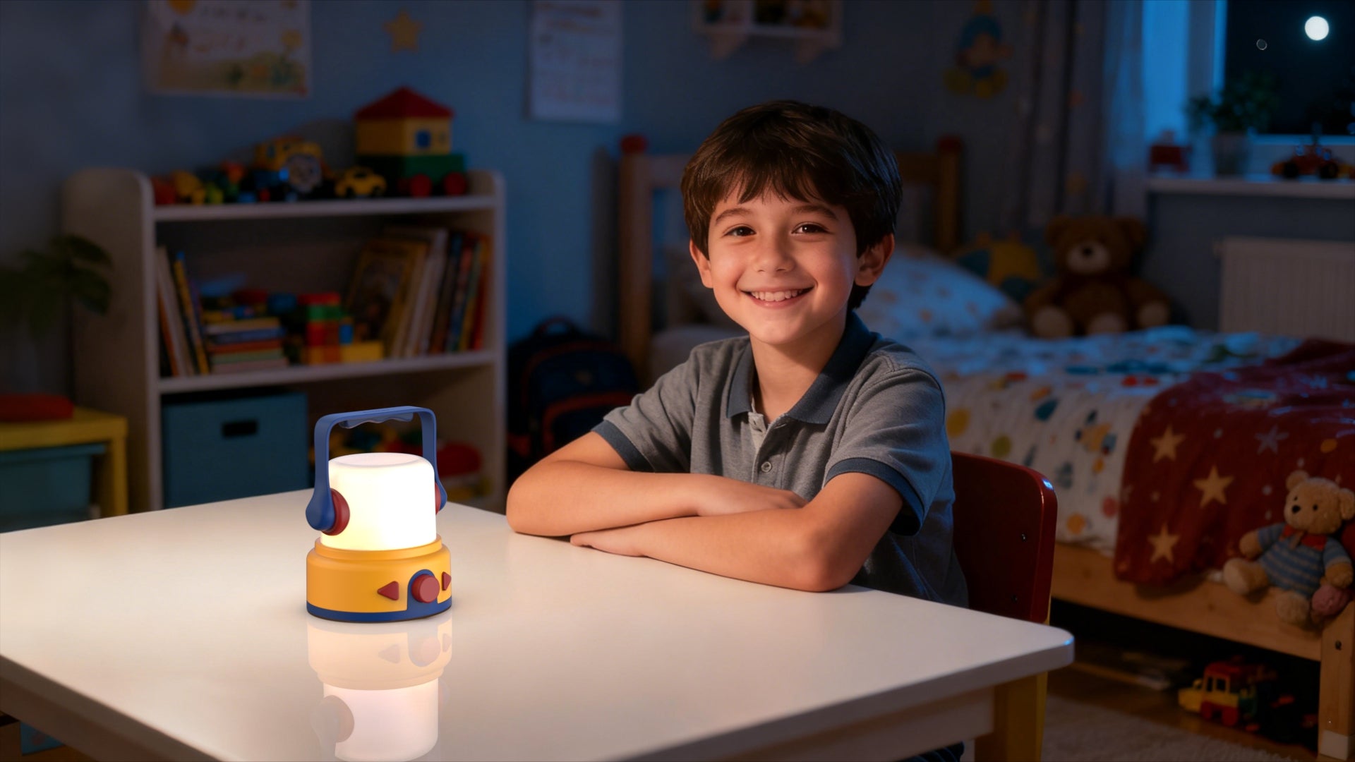 A child sitting at a table in a bedroom, with a cozy lantern lamp