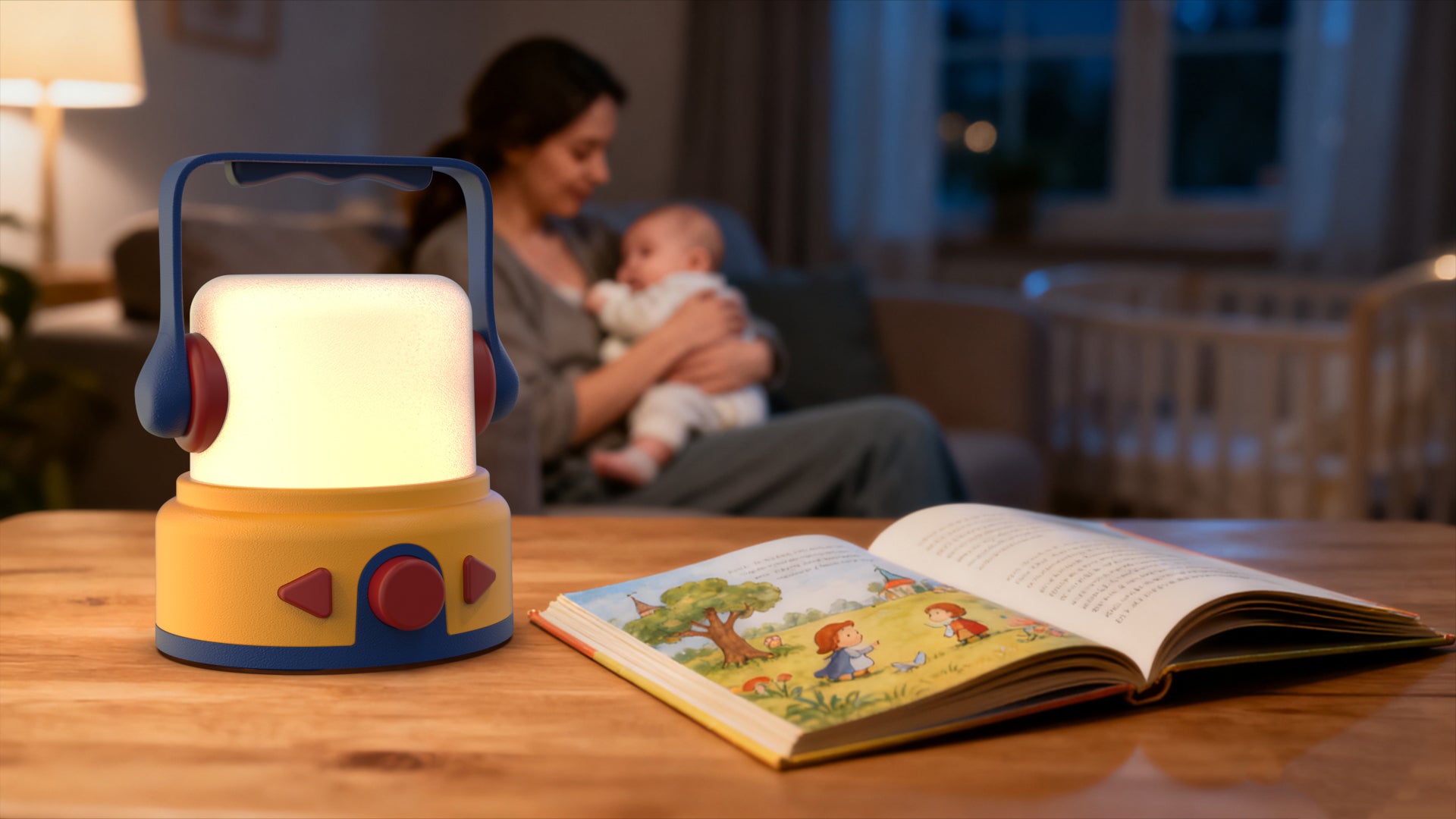 A mother hugging her baby before bed, with a storybook and glowing lantern on the nightstand