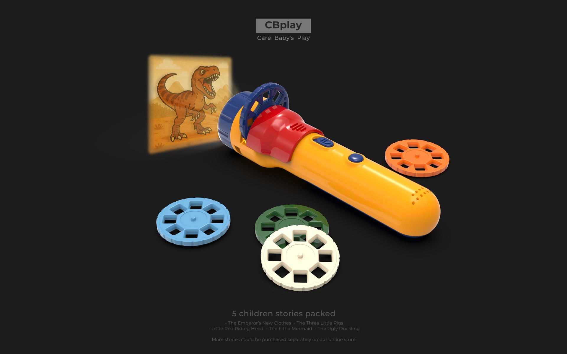 The Storybeam projector casting a clear dinosaur image onto a wall, with four extra discs placed neatly at the side