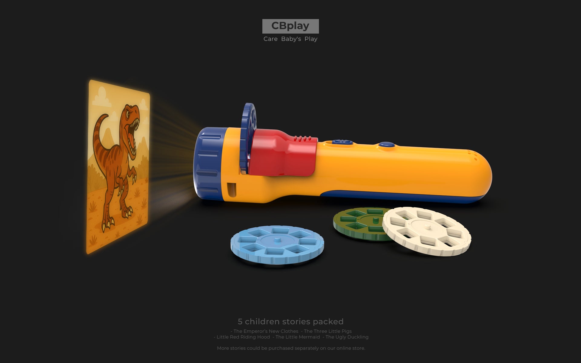 Toy flashlight with projection of a dinosaur on a dark background, featuring CBplay branding.