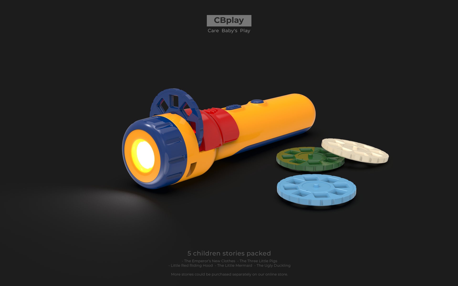 Toy flashlight with storytelling discs on a dark background