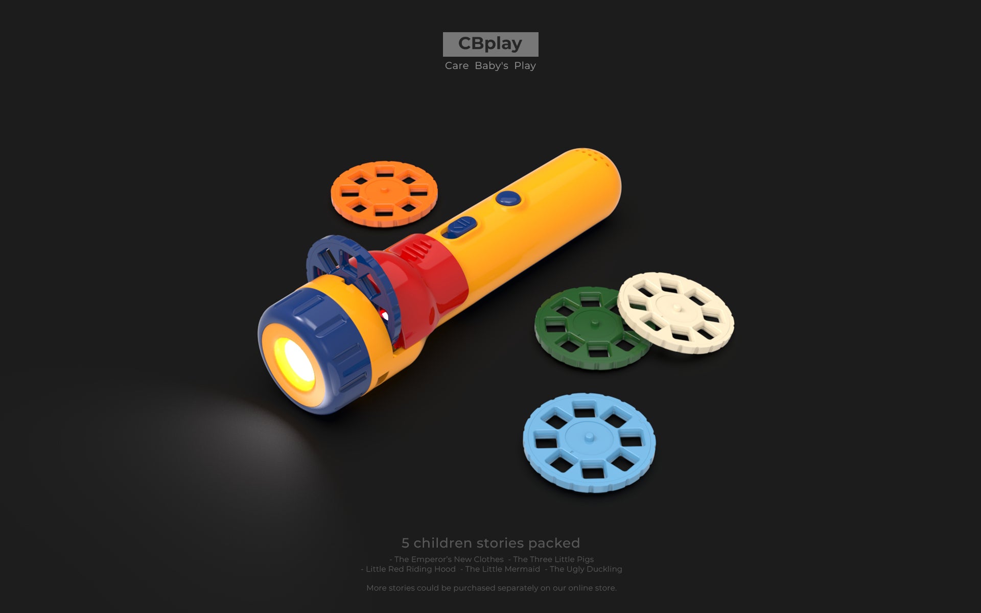 The Storybeam projector displayed prominently, showing its flashlight-like design, with five colorful Discs positioned beside it ready for storytelling